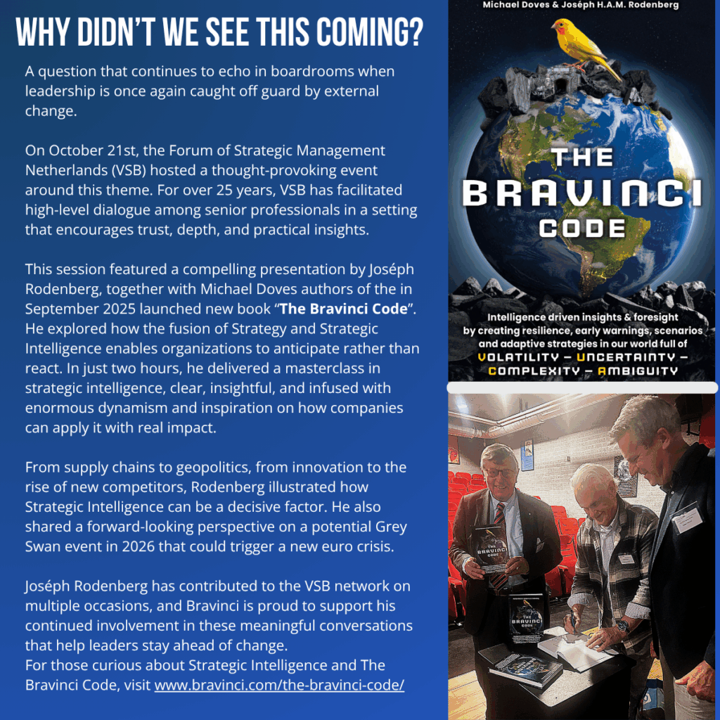 Visuele post over een VSB-bijeenkomst rond strategische intelligentie, met de vraag “Why didn’t we see this coming?” als centrale boodschap. Beeld verwijst naar het boek “The Bravinci Code” en een presentatie over het anticiperen op externe veranderingen.